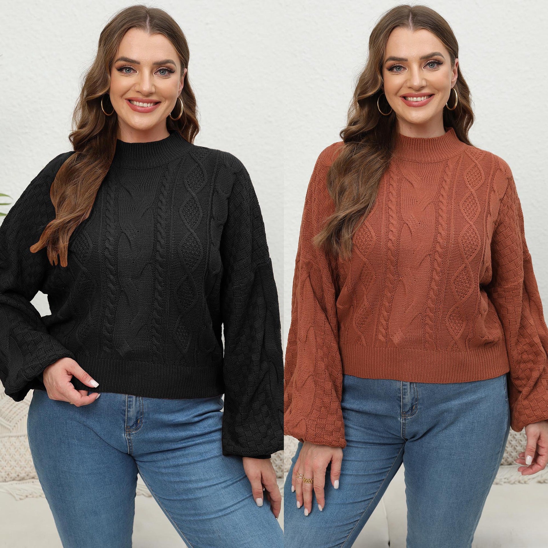 Ladies Knit Sweater Plus Size Lantern Sleeve Short Length Pullover Sweater