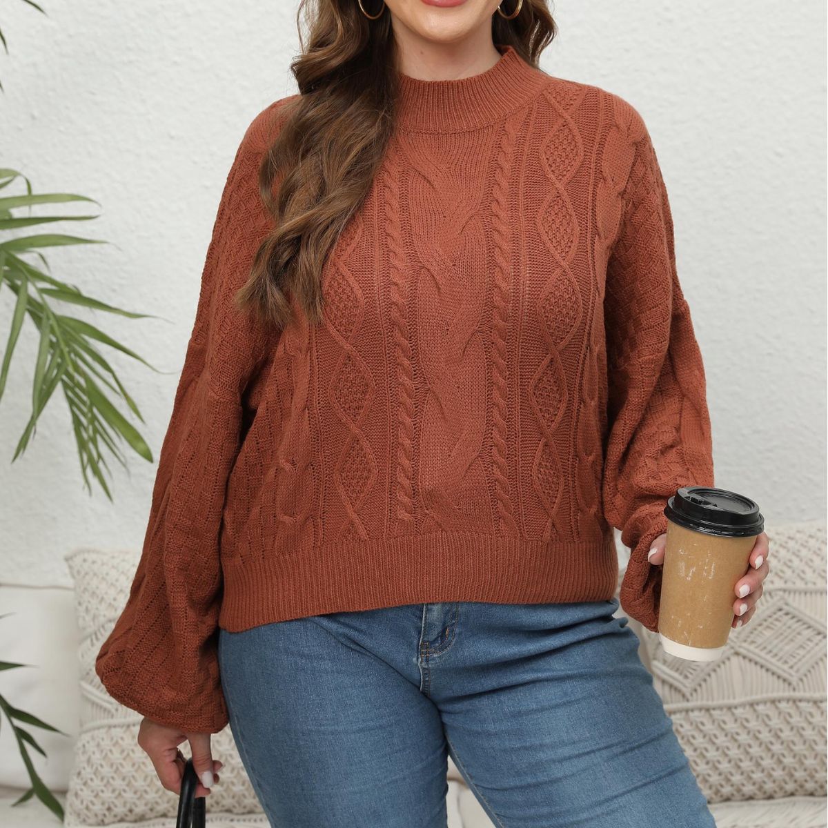 Ladies Knit Sweater Plus Size Lantern Sleeve Short Length Pullover Sweater