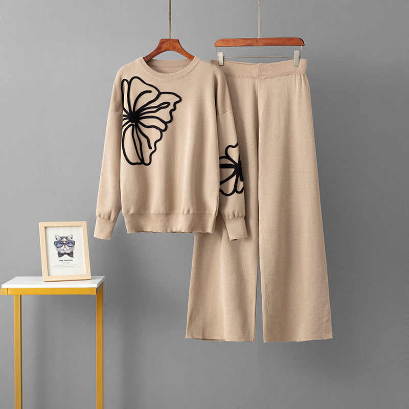 Round neck embroidered sweater loose wide leg pants two-piece set for women
