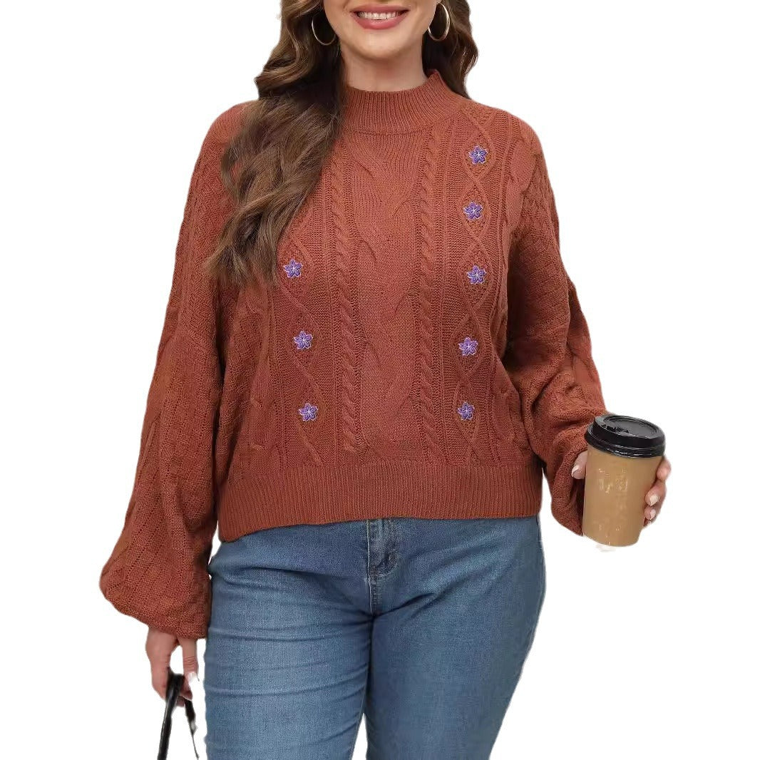 Women's Knit Sweater, Plus Size Women's Semi-High Neck Lantern Sleeve Flower Embroidery Applique Pullover Sweater