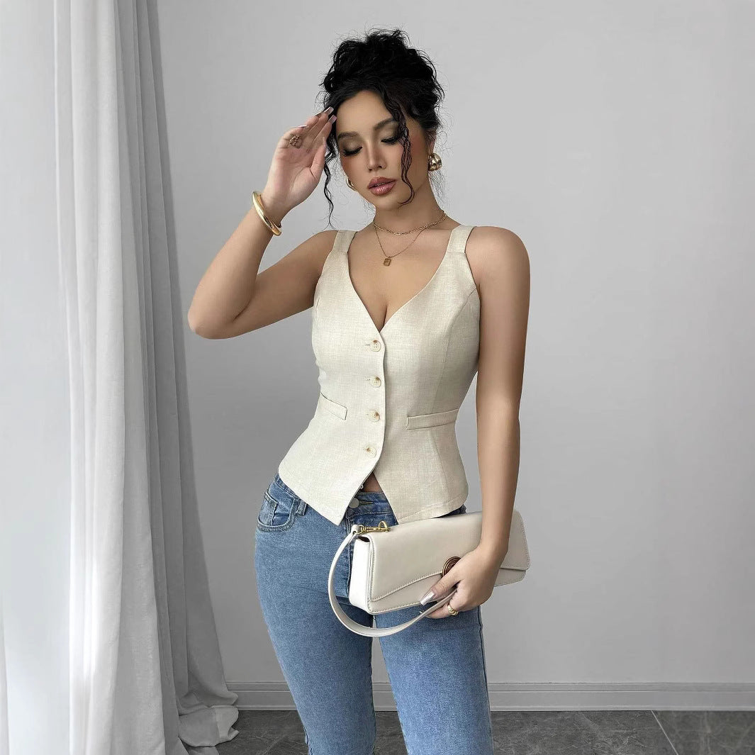 Gilet Col V Ajusté Sans Manches Boutonné