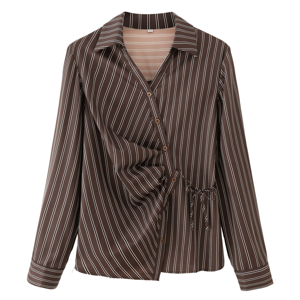 Retro style slim fit waist cinched striped long sleeved shirt