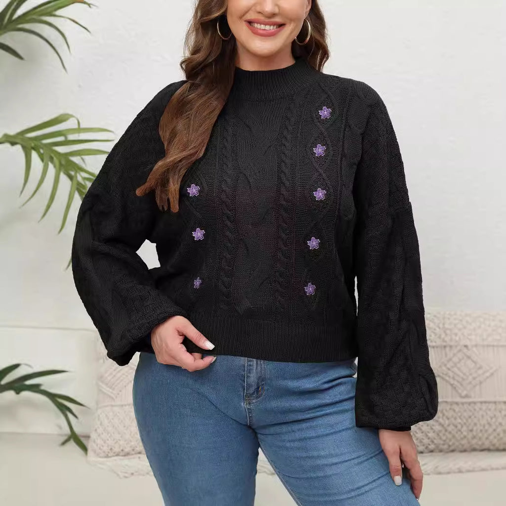 Women's Knit Sweater, Plus Size Women's Semi-High Neck Lantern Sleeve Flower Embroidery Applique Pullover Sweater