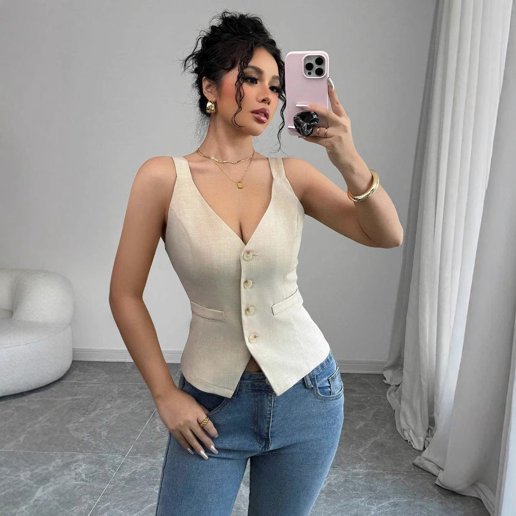 Gilet Col V Ajusté Sans Manches Boutonné