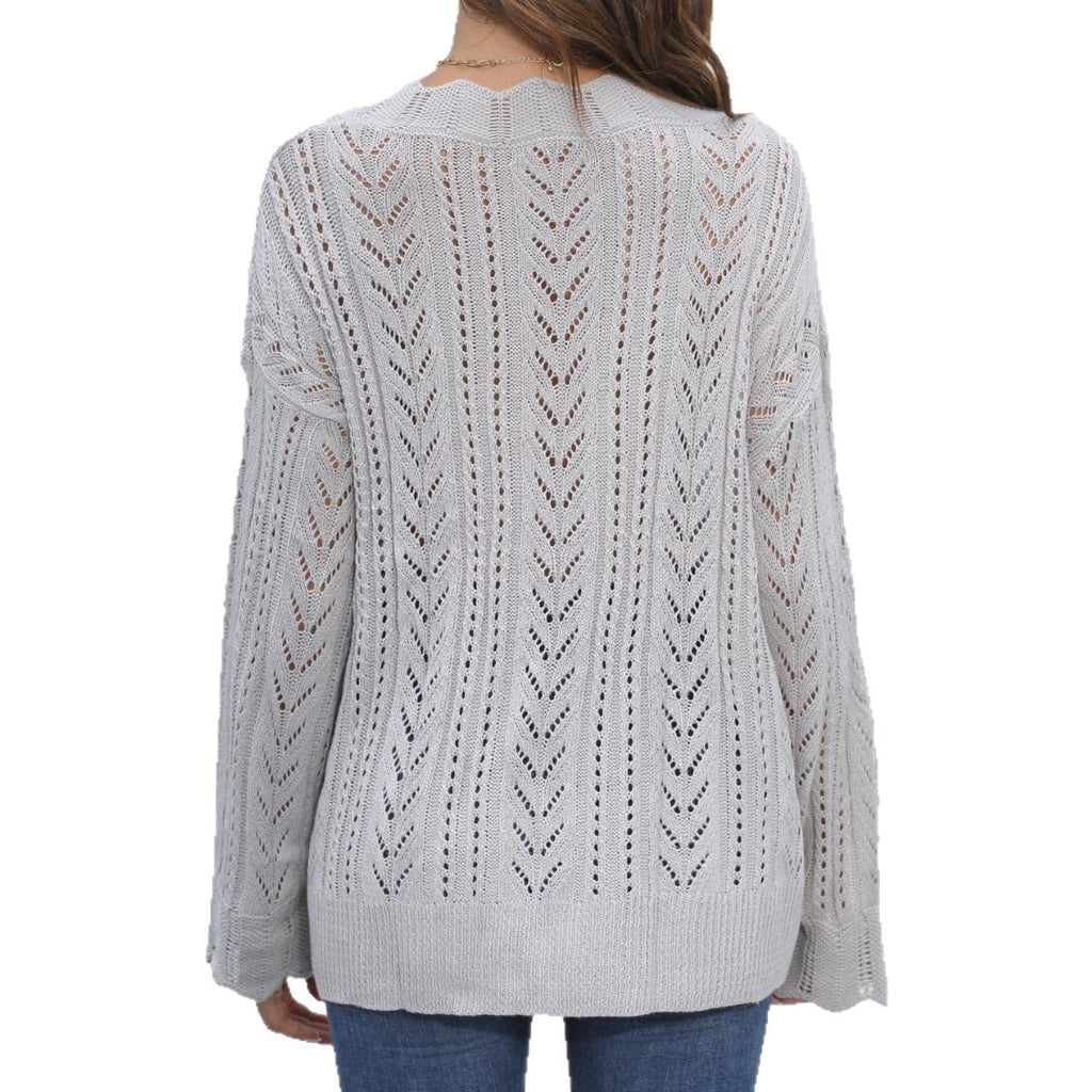 Lady Knit Sweater with Deep V-Neck, Loose Oversized Pullover, Hollow Weave Design