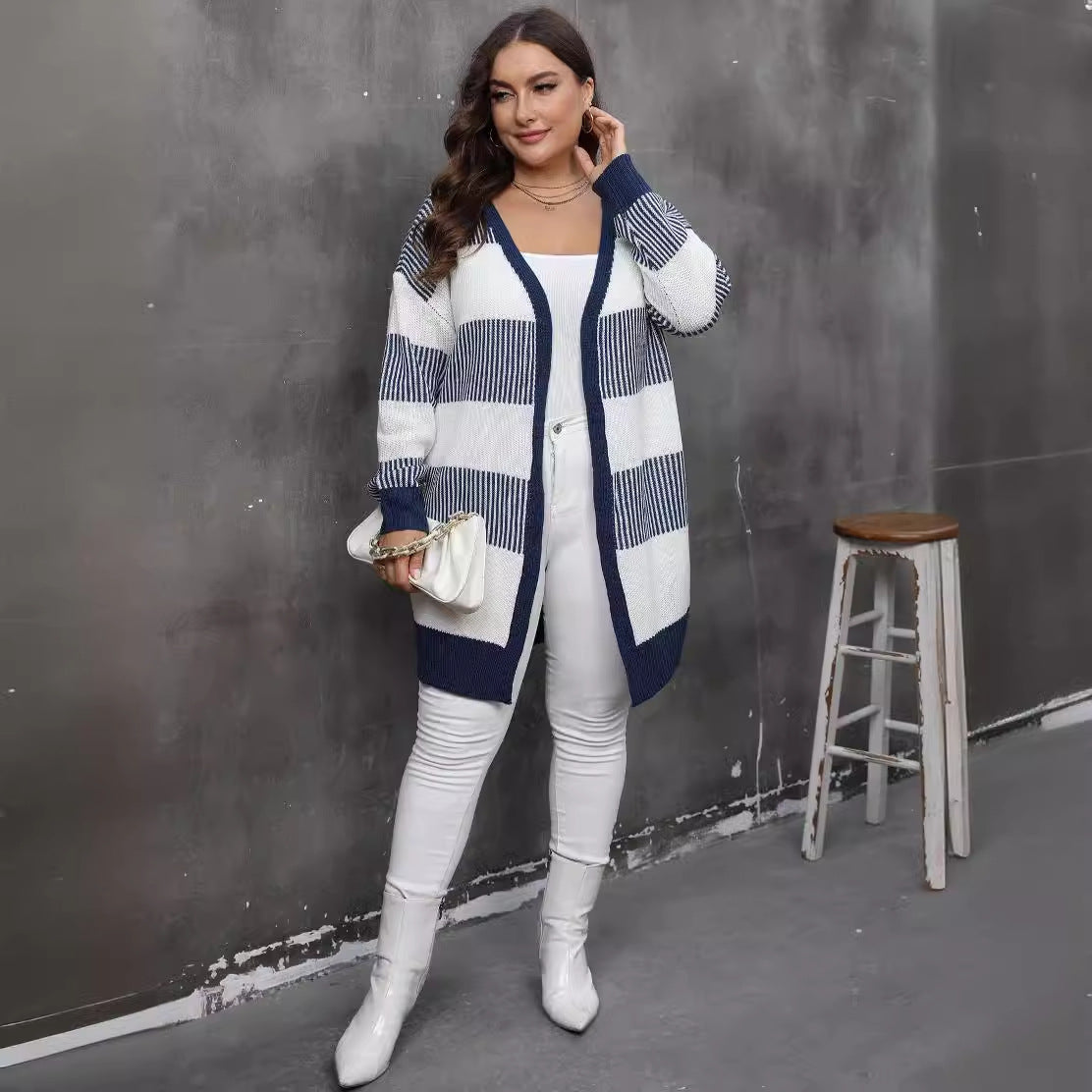 Women's Plus Size Women's Color-block Striped Knitted Casual Sweater Coat