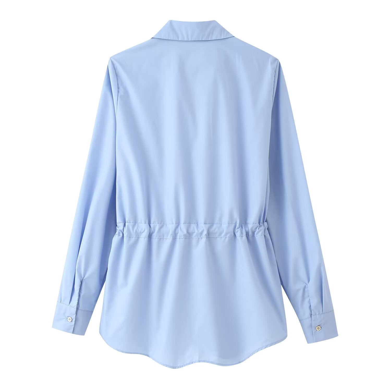 Satin waist cinched lapel long sleeved shirt