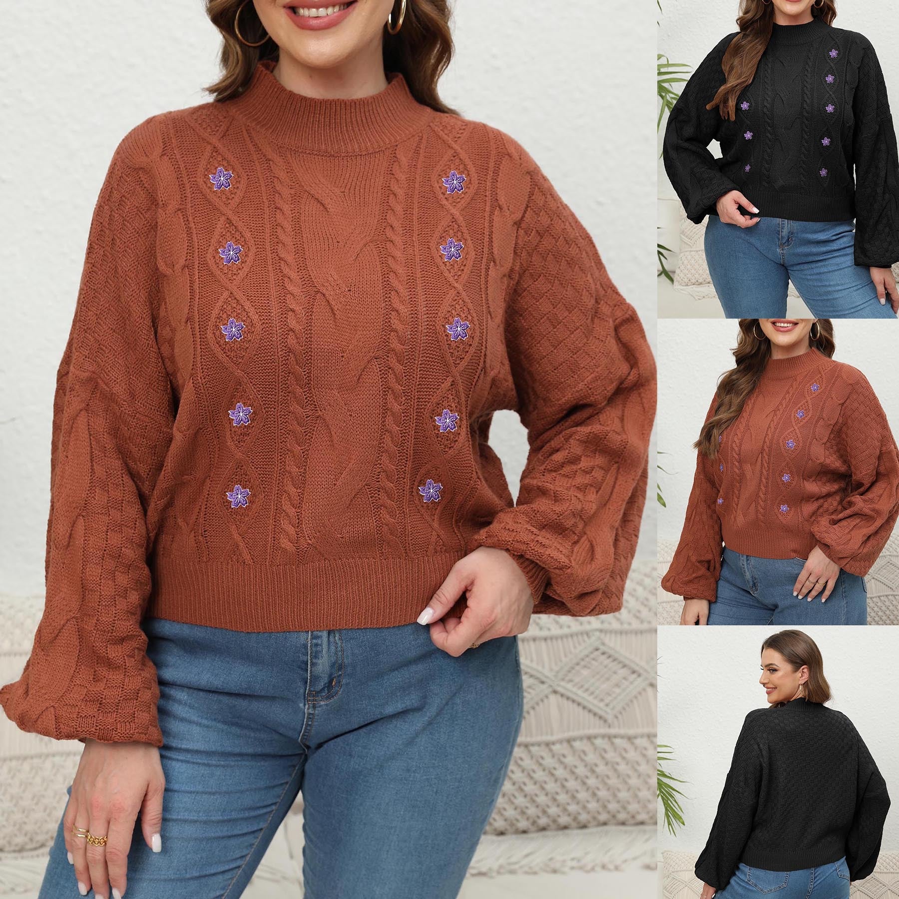 Women's Knit Sweater, Plus Size Women's Semi-High Neck Lantern Sleeve Flower Embroidery Applique Pullover Sweater