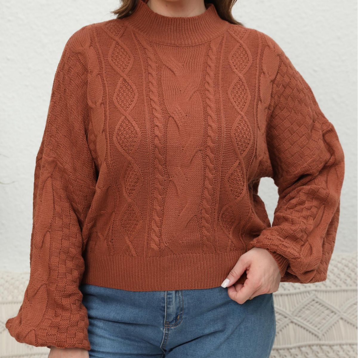 Ladies Knit Sweater Plus Size Lantern Sleeve Short Length Pullover Sweater
