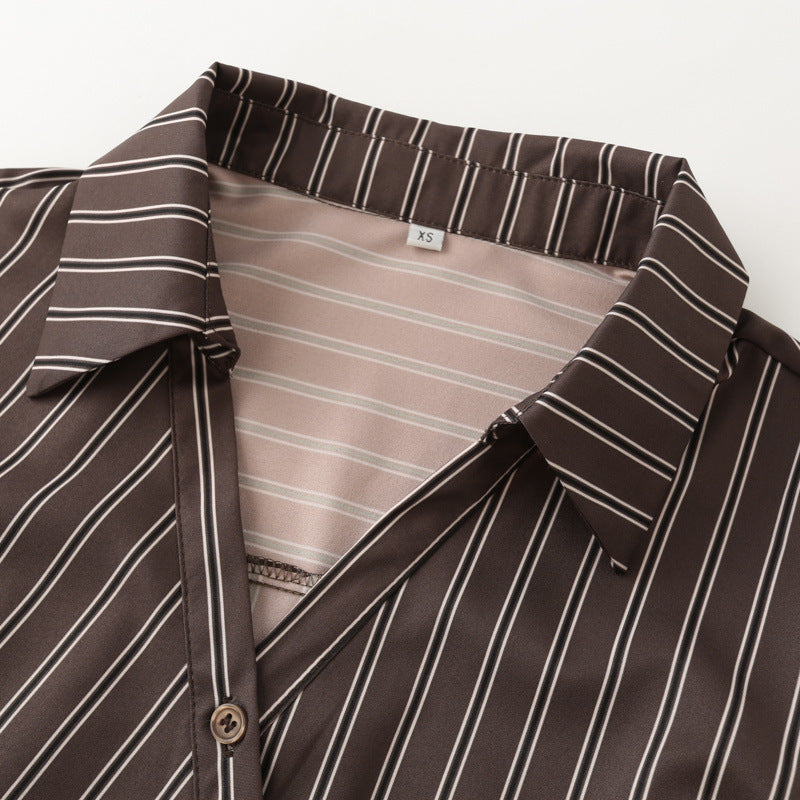 Retro style slim fit waist cinched striped long sleeved shirt