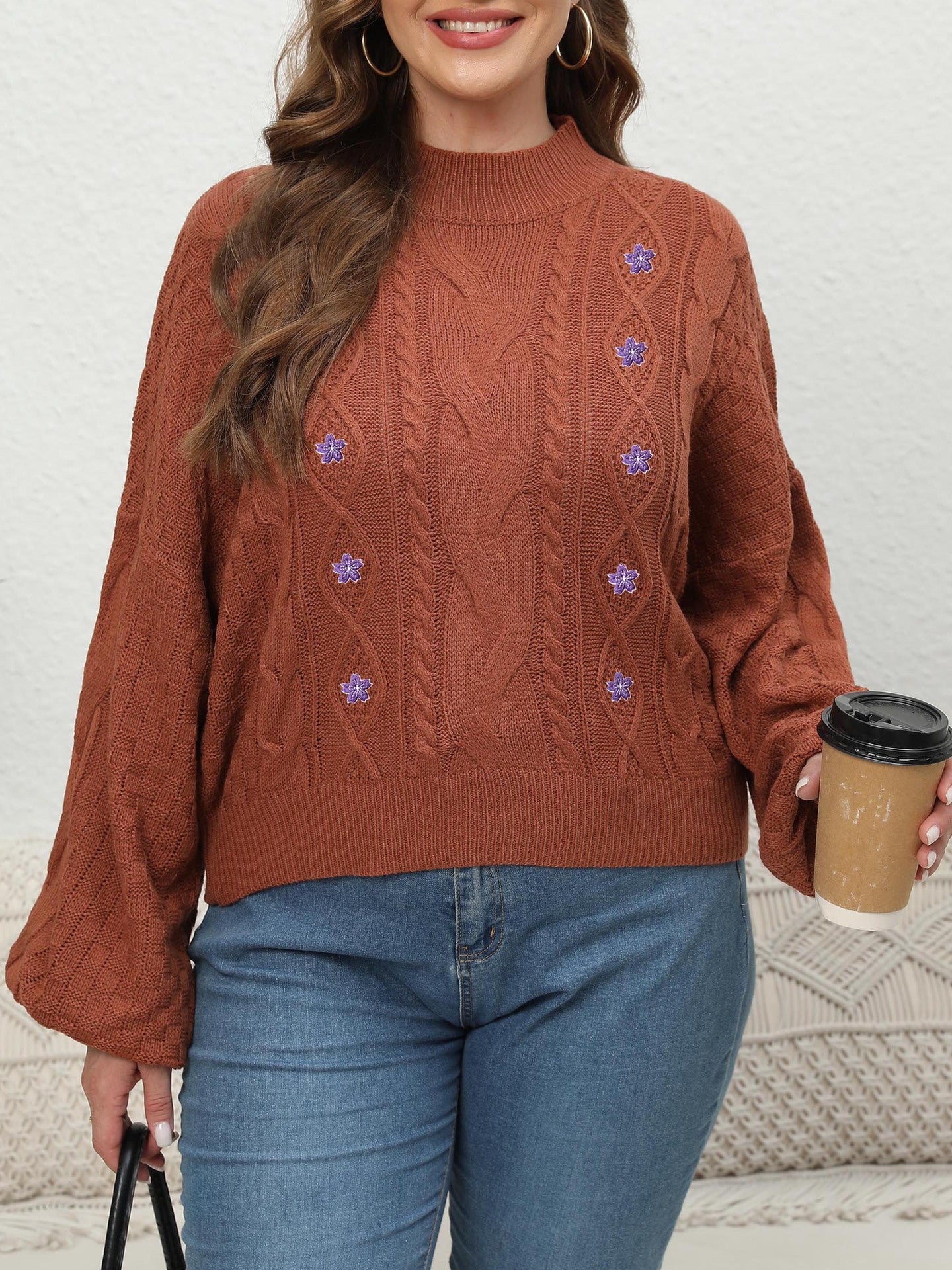 Women's Knit Sweater, Plus Size Women's Semi-High Neck Lantern Sleeve Flower Embroidery Applique Pullover Sweater