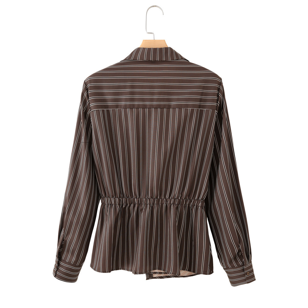 Retro style slim fit waist cinched striped long sleeved shirt
