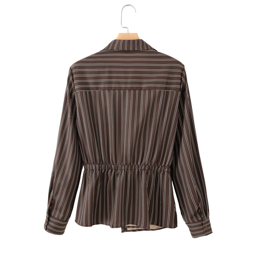 Retro-style slim-fit, waist-cinched, striped long-sleeved shirt