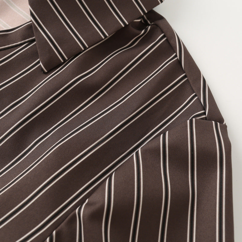 Retro style slim fit waist cinched striped long sleeved shirt