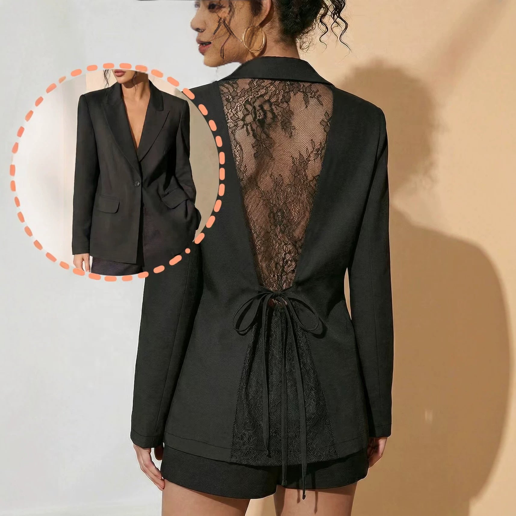 New high-end back thin lace see through strap waist cinching suit jacket women's black suit jacket