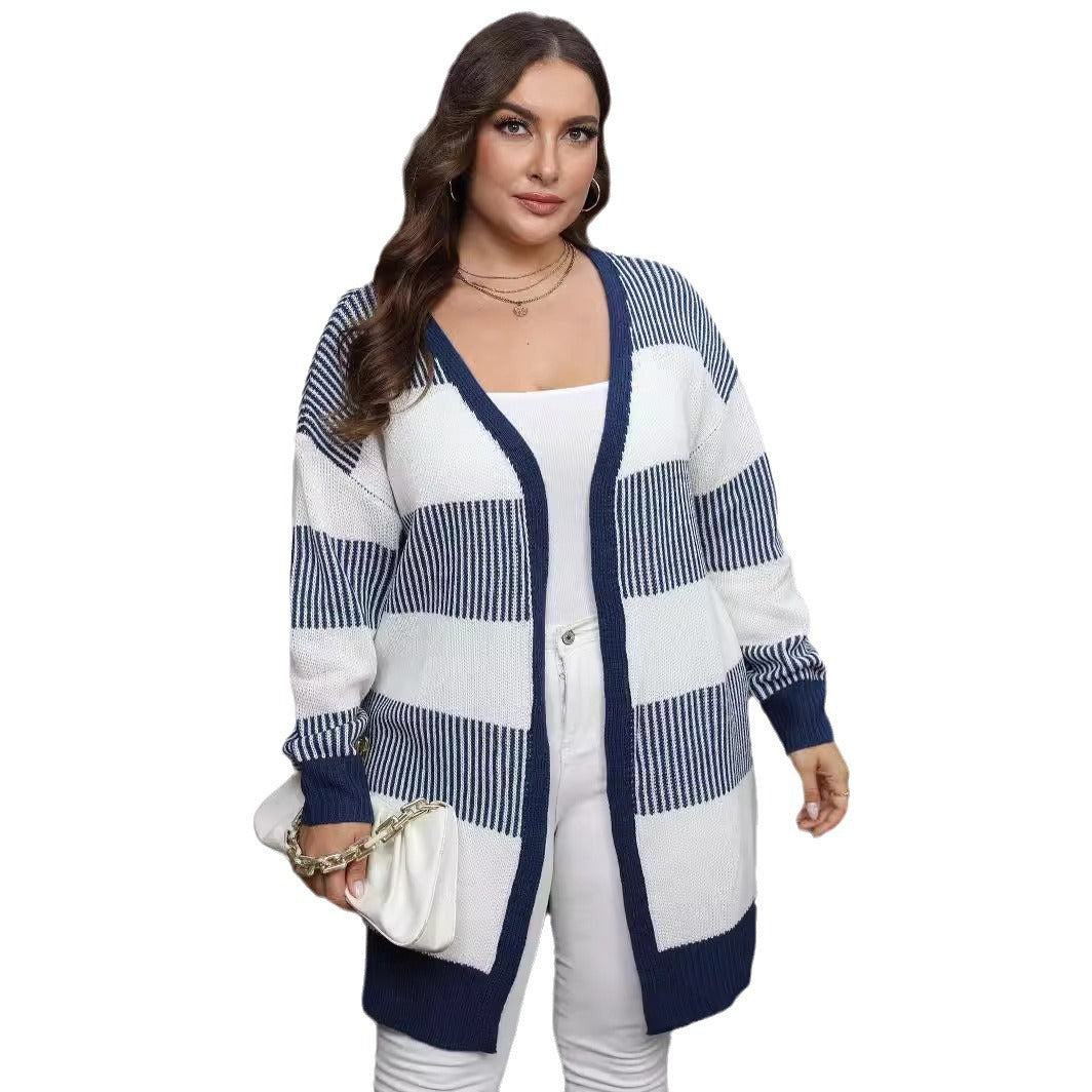 Women's Plus Size Women's Color-block Striped Knitted Casual Sweater Coat