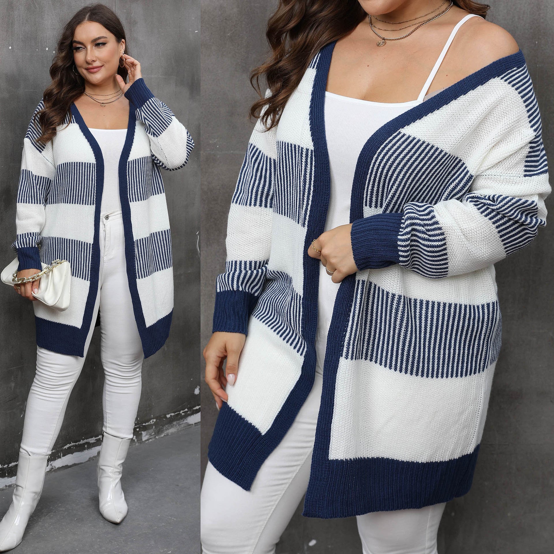 Women's Plus Size Women's Color-block Striped Knitted Casual Sweater Coat