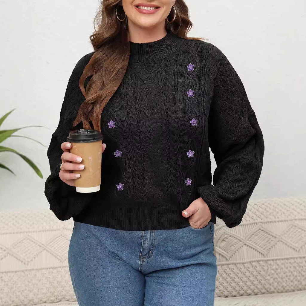 Women's Knit Sweater, Plus Size Women's Semi-High Neck Lantern Sleeve Flower Embroidery Applique Pullover Sweater