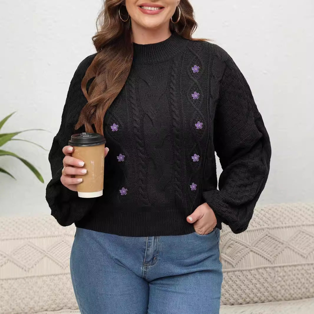 Women's Knit Sweater, Plus Size Women's Semi-High Neck Lantern Sleeve Flower Embroidery Applique Pullover Sweater