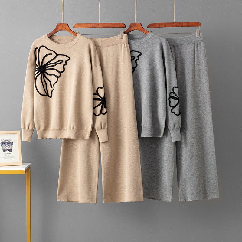 Round neck embroidered sweater loose wide leg pants two-piece set for women