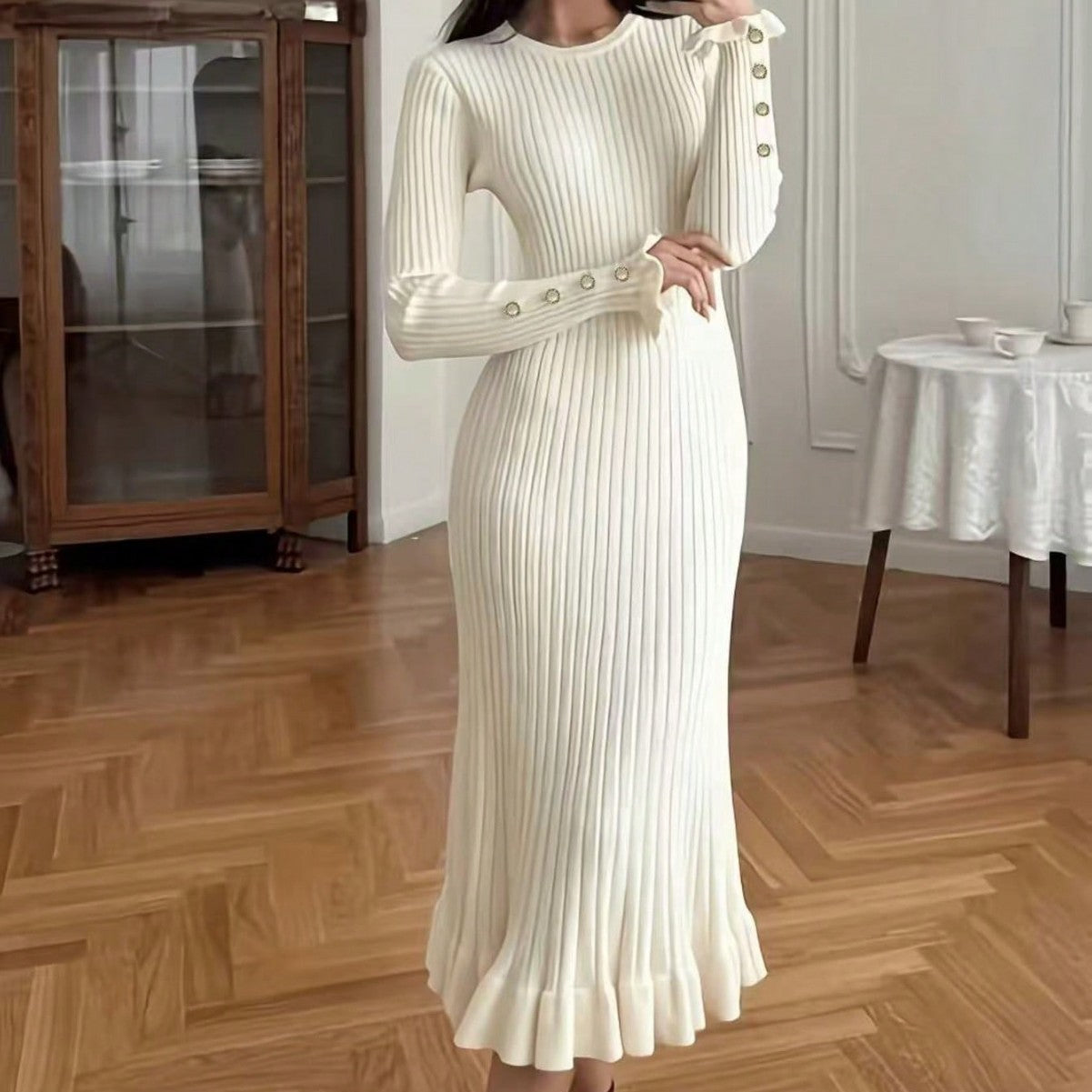 Elegant Casual Knitted Dress for Women, Solid Color Simple Versatile Dress