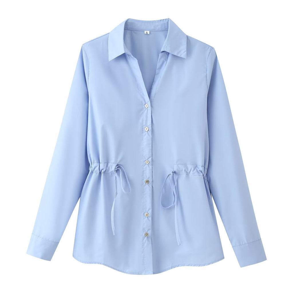 Satin waist cinched lapel long sleeved shirt