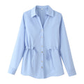 Satin waist cinched lapel long sleeved shirt
