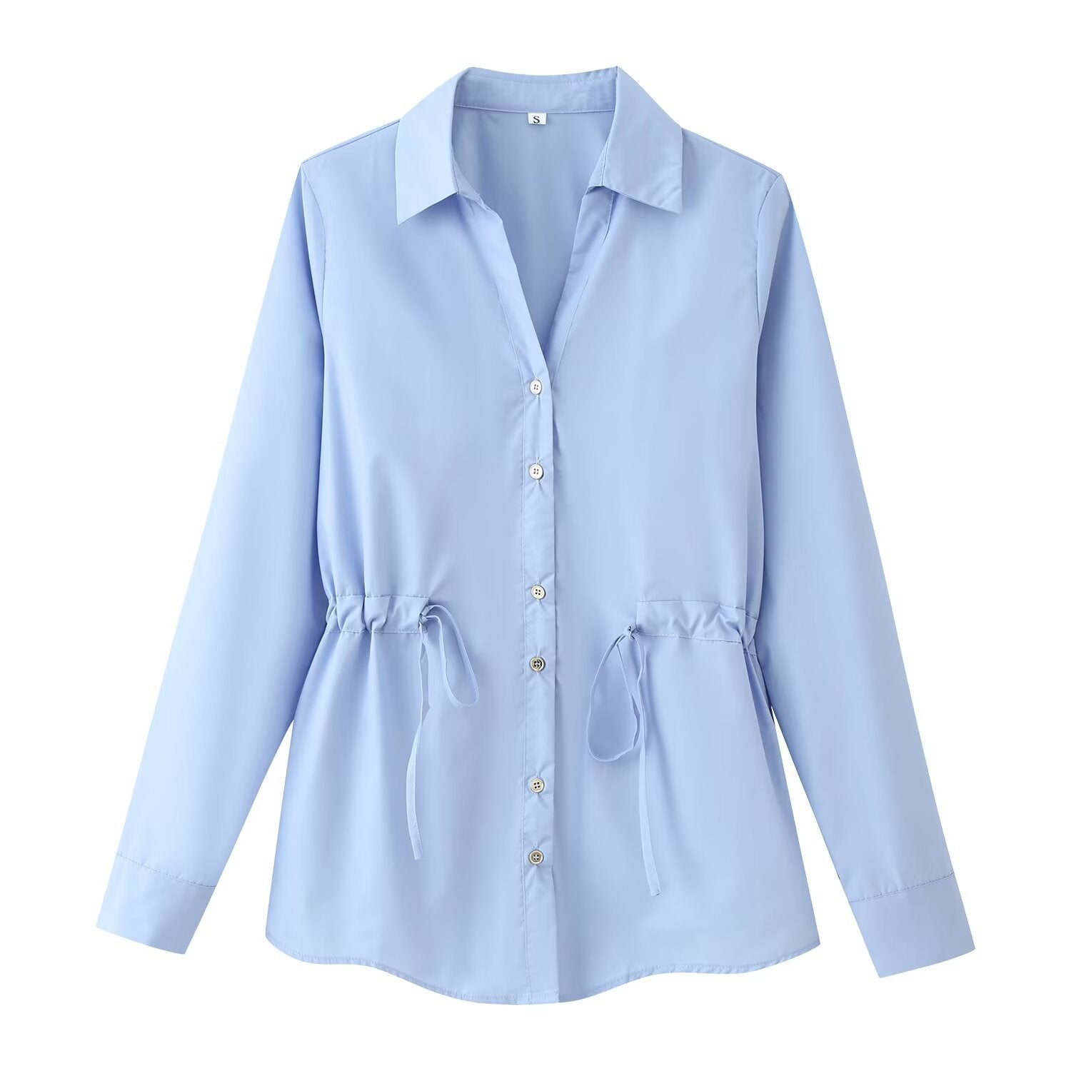 Satin waist cinched lapel long sleeved shirt
