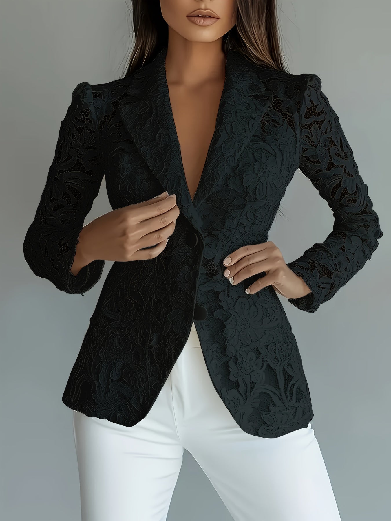 Fashionable Casual Elegant Lace V-Neck Sheer Blazer for Women