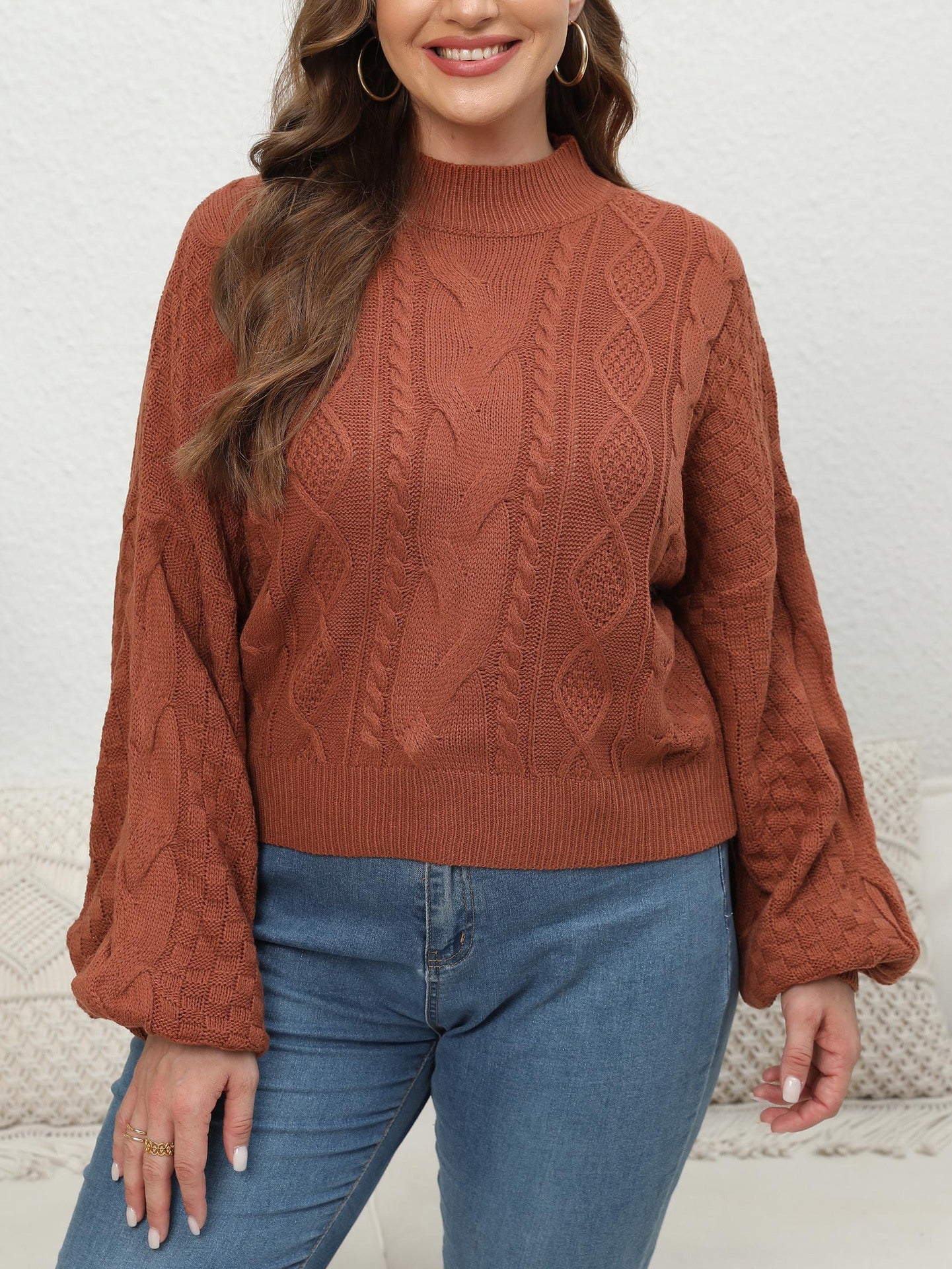Ladies Knit Sweater Plus Size Lantern Sleeve Short Length Pullover Sweater