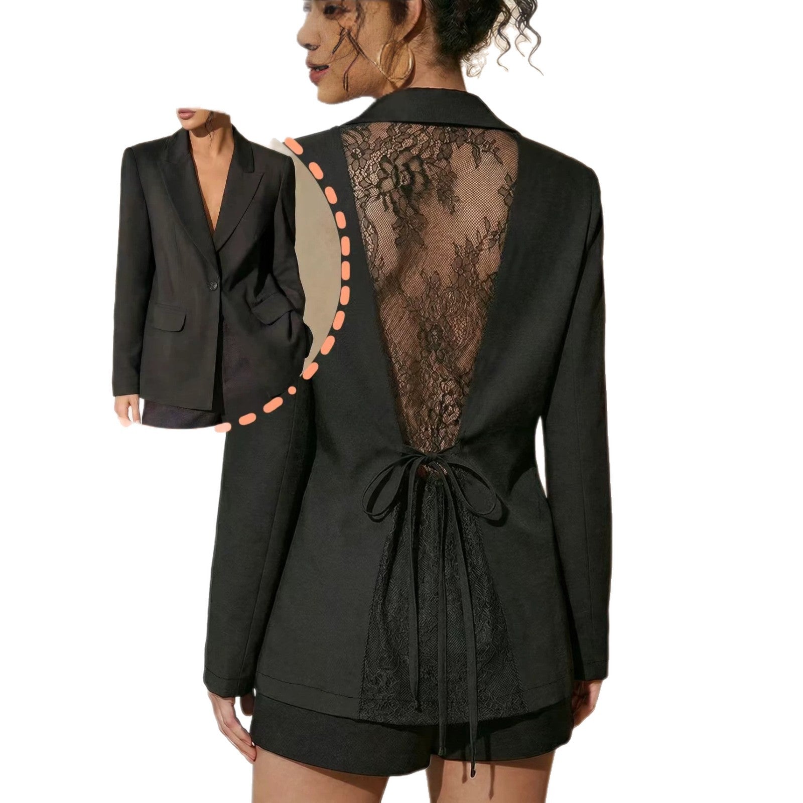 New high-end back thin lace see through strap waist cinching suit jacket women's black suit jacket