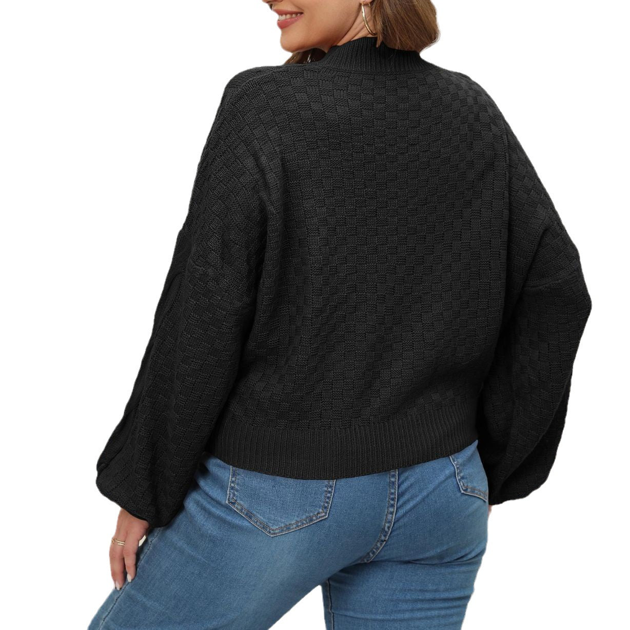 Ladies Knit Sweater Plus Size Lantern Sleeve Short Length Pullover Sweater