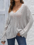 Lady Knit Sweater with Deep V-Neck, Loose Oversized Pullover, Hollow Weave Design