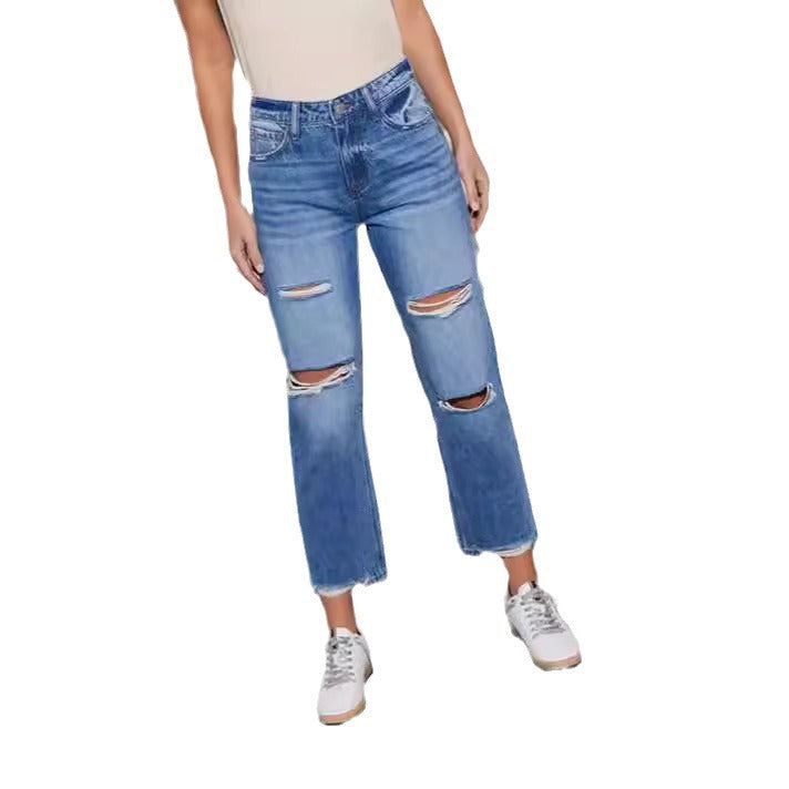 Jean Slim Fit Cropped Déchiré Jambe Droite