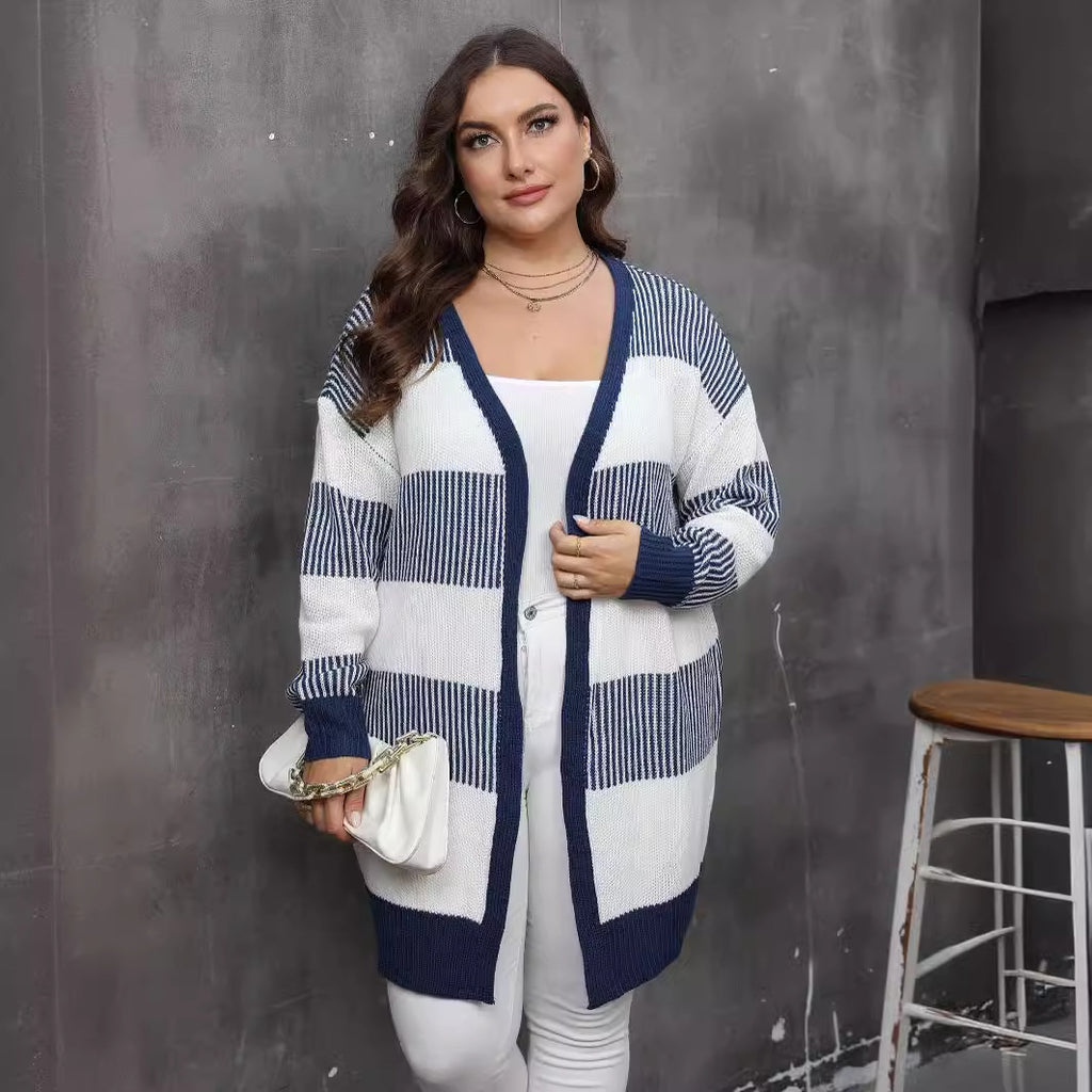 Women's Plus Size Women's Color-block Striped Knitted Casual Sweater Coat