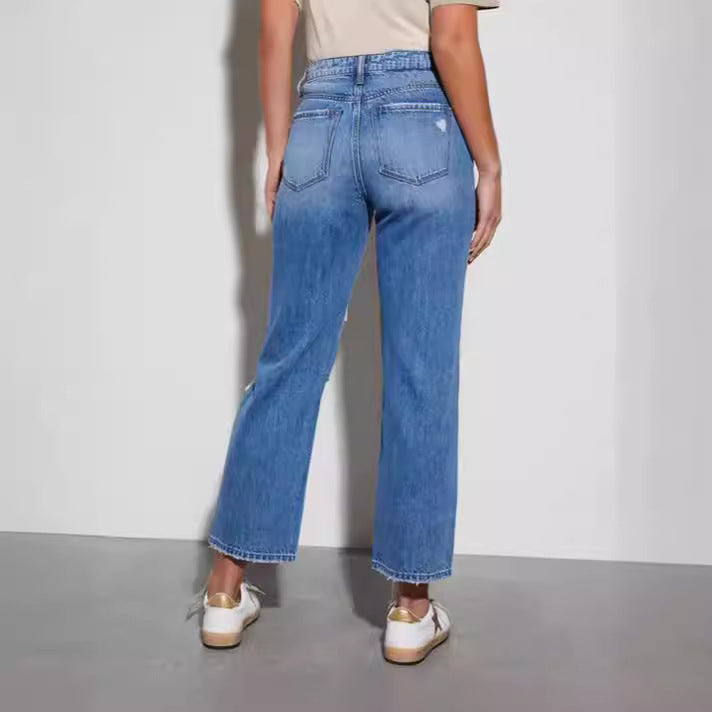 Jean Slim Fit Cropped Déchiré Jambe Droite