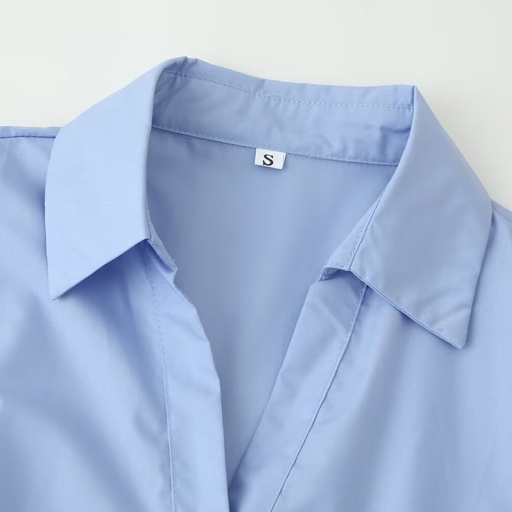 Satin waist cinched lapel long sleeved shirt