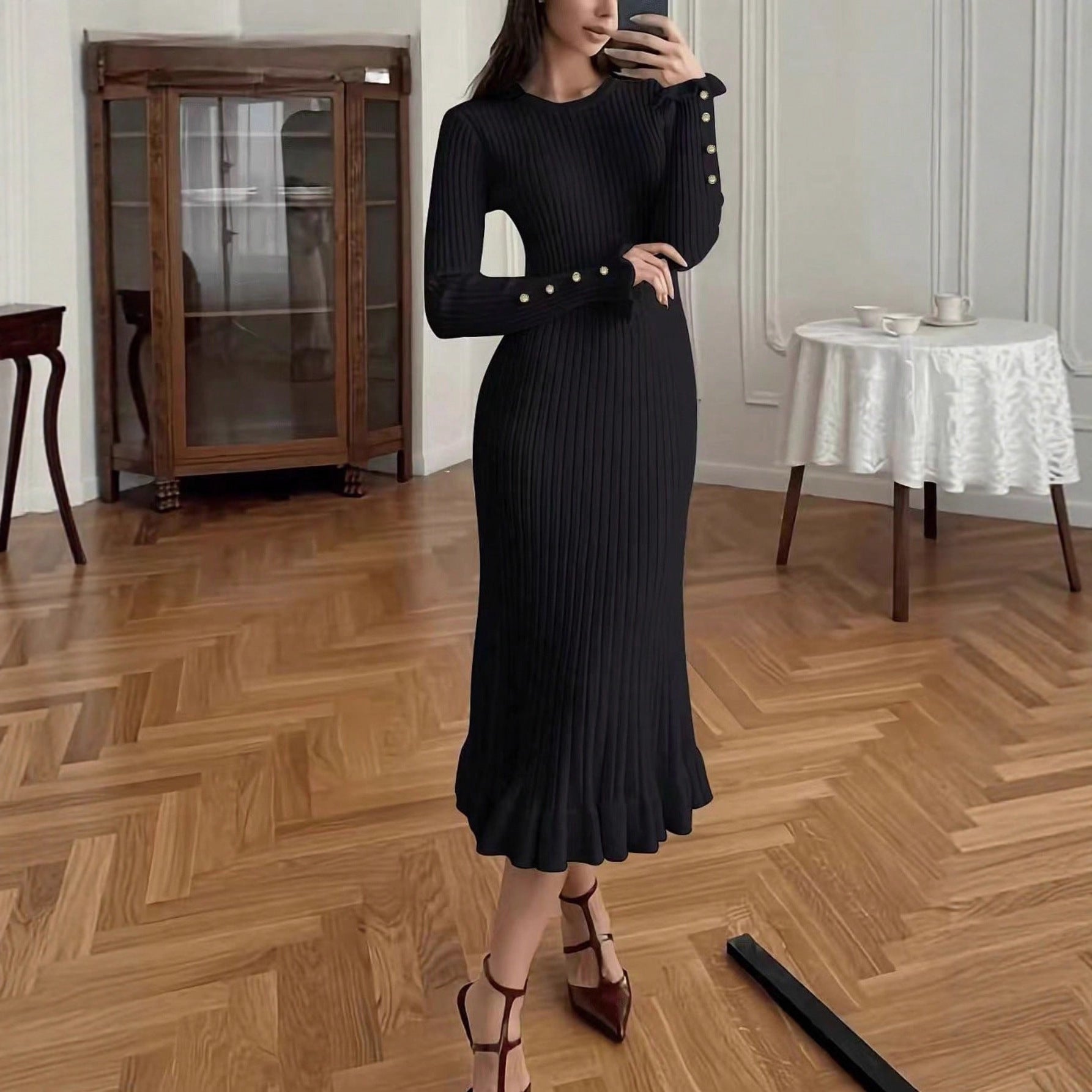 Elegant Casual Knitted Dress for Women, Solid Color Simple Versatile Dress