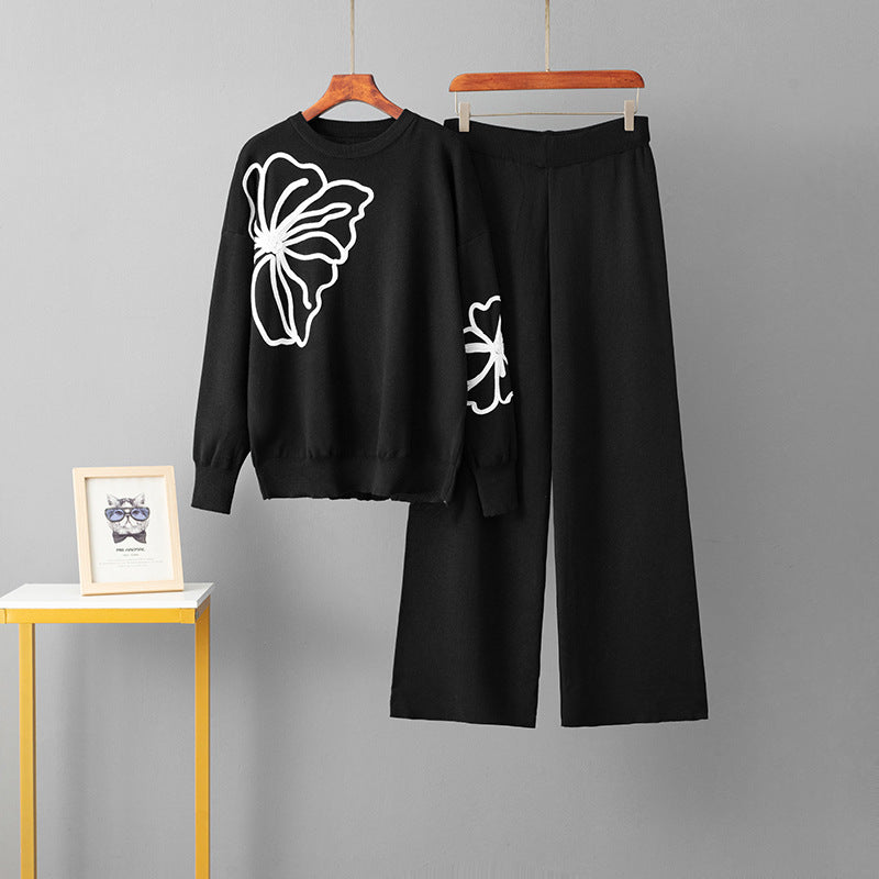 Round neck embroidered sweater loose wide leg pants two-piece set for women