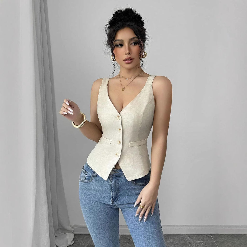 Gilet Col V Ajusté Sans Manches Boutonné