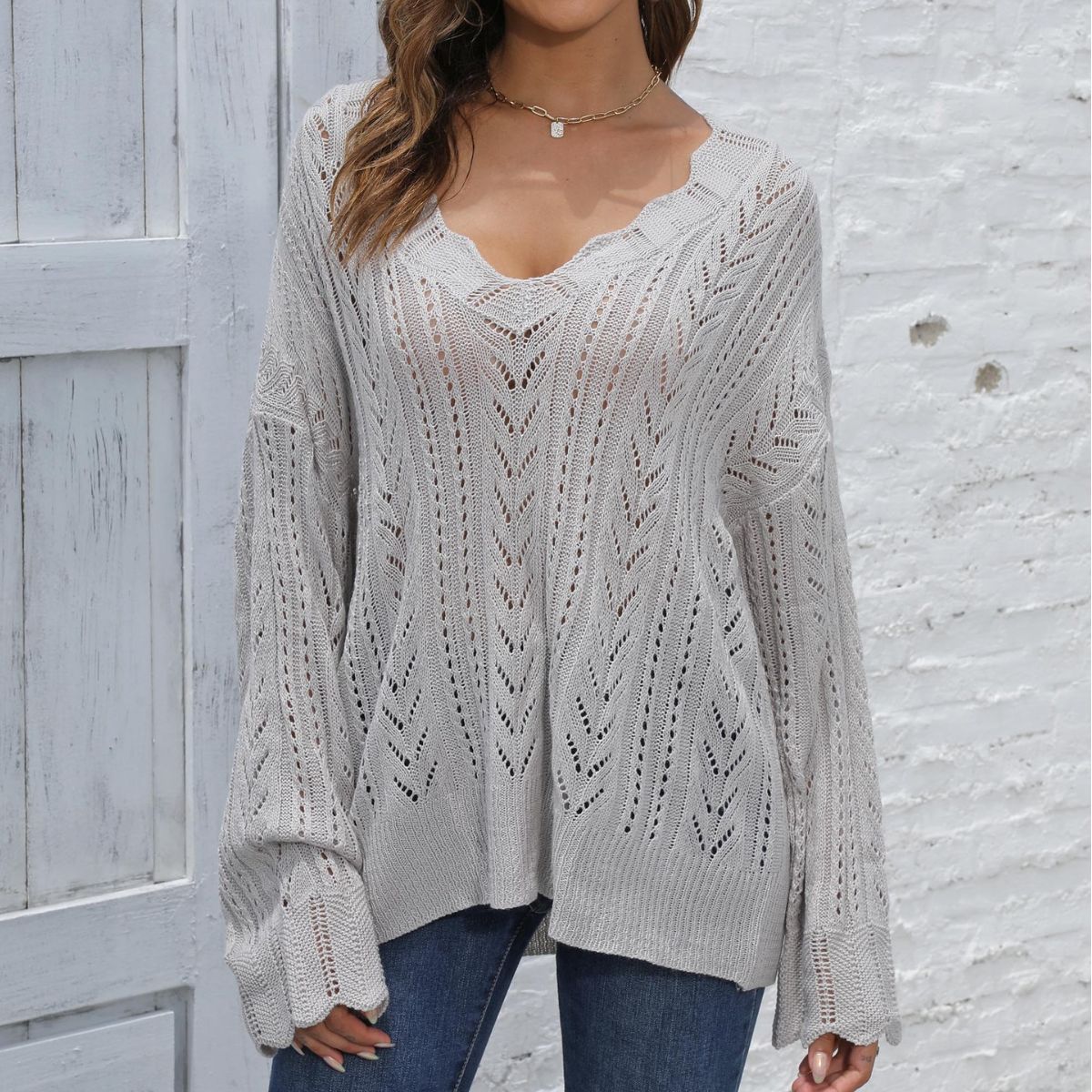 Lady Knit Sweater with Deep V-Neck, Loose Oversized Pullover, Hollow Weave Design