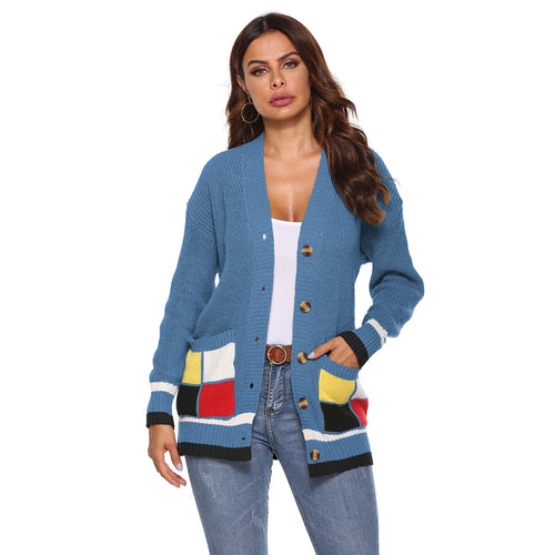 Women's Thick Woven Cardigan Coat with Color-blocked Large Pockets, V-neck Casual Sweater