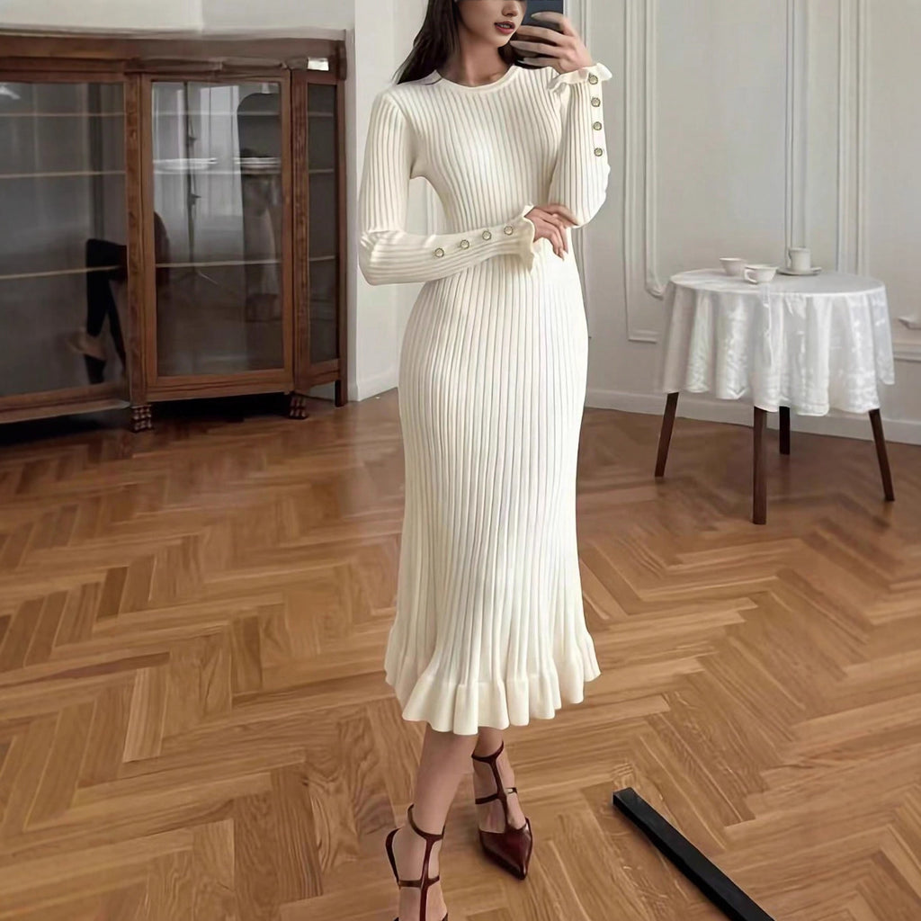 Elegant Casual Knitted Dress for Women, Solid Color Simple Versatile Dress