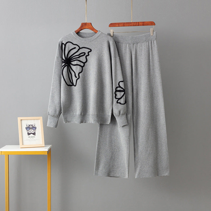 Round neck embroidered sweater loose wide leg pants two-piece set for women