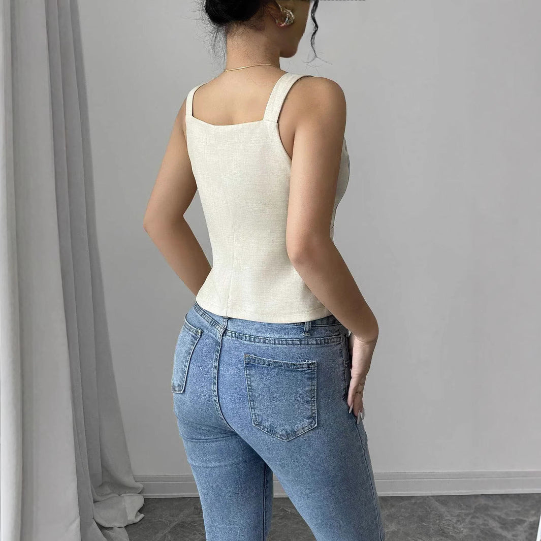Gilet Col V Ajusté Sans Manches Boutonné