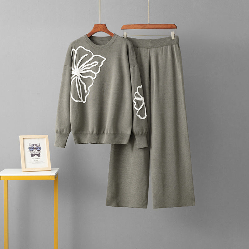 Round neck embroidered sweater loose wide leg pants two-piece set for women