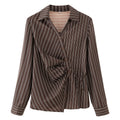 Retro style slim fit waist cinched striped long sleeved shirt