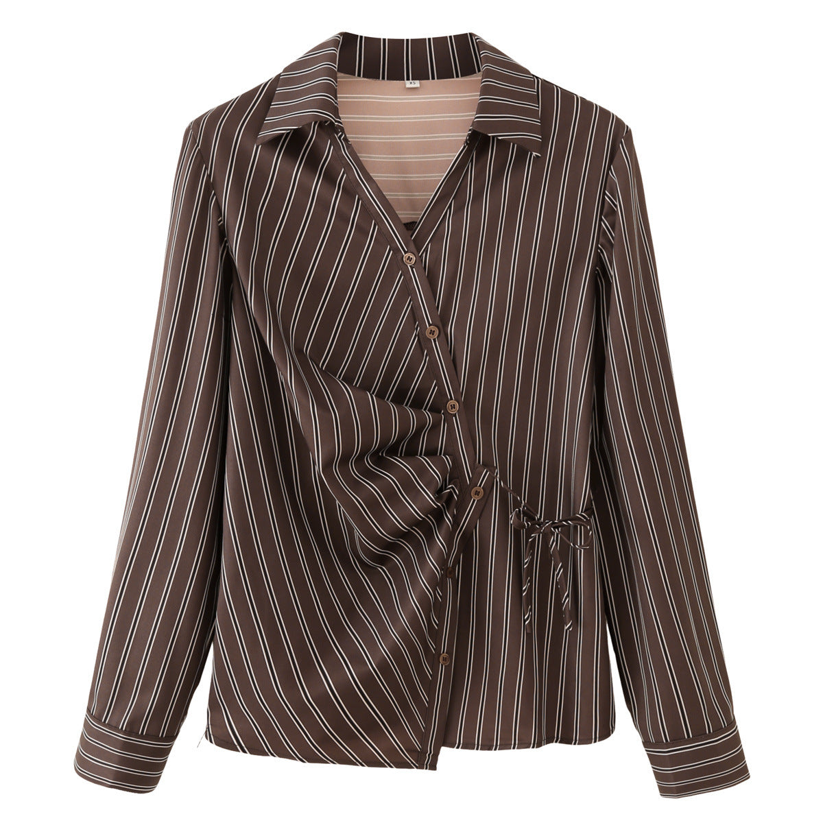 Retro style slim fit waist cinched striped long sleeved shirt