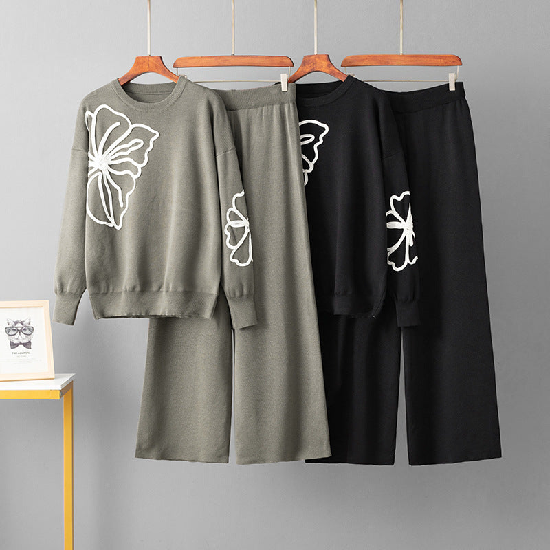 Round neck embroidered sweater loose wide leg pants two-piece set for women