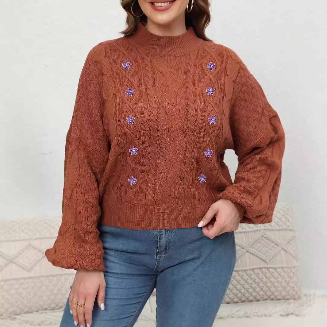 Women's Knit Sweater, Plus Size Women's Semi-High Neck Lantern Sleeve Flower Embroidery Applique Pullover Sweater